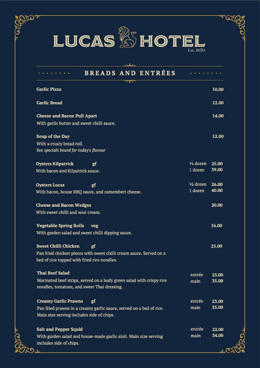 Menu titled Lucas Hotel Breads and Entr?es featuring various bread, seafood, meat, and salad dishes with prices listed in an elegant dark blue and gold design.