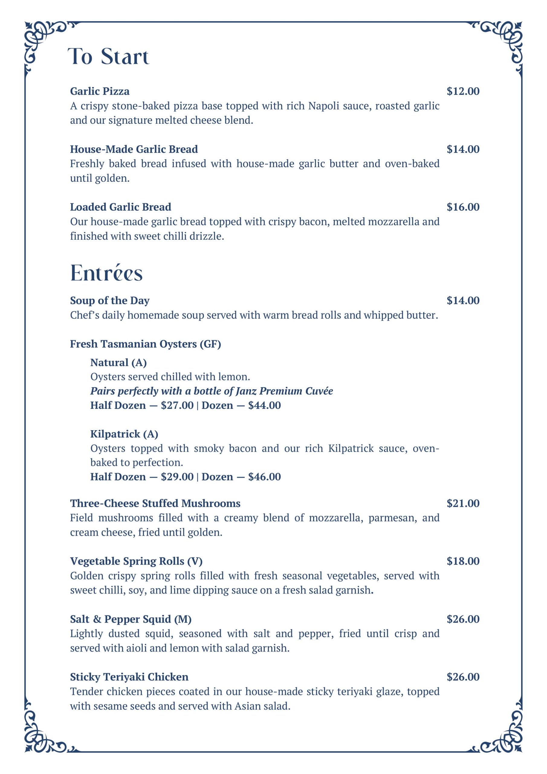 Lucas Hotel menu page showing entrées and breads, dark blue and gold design.