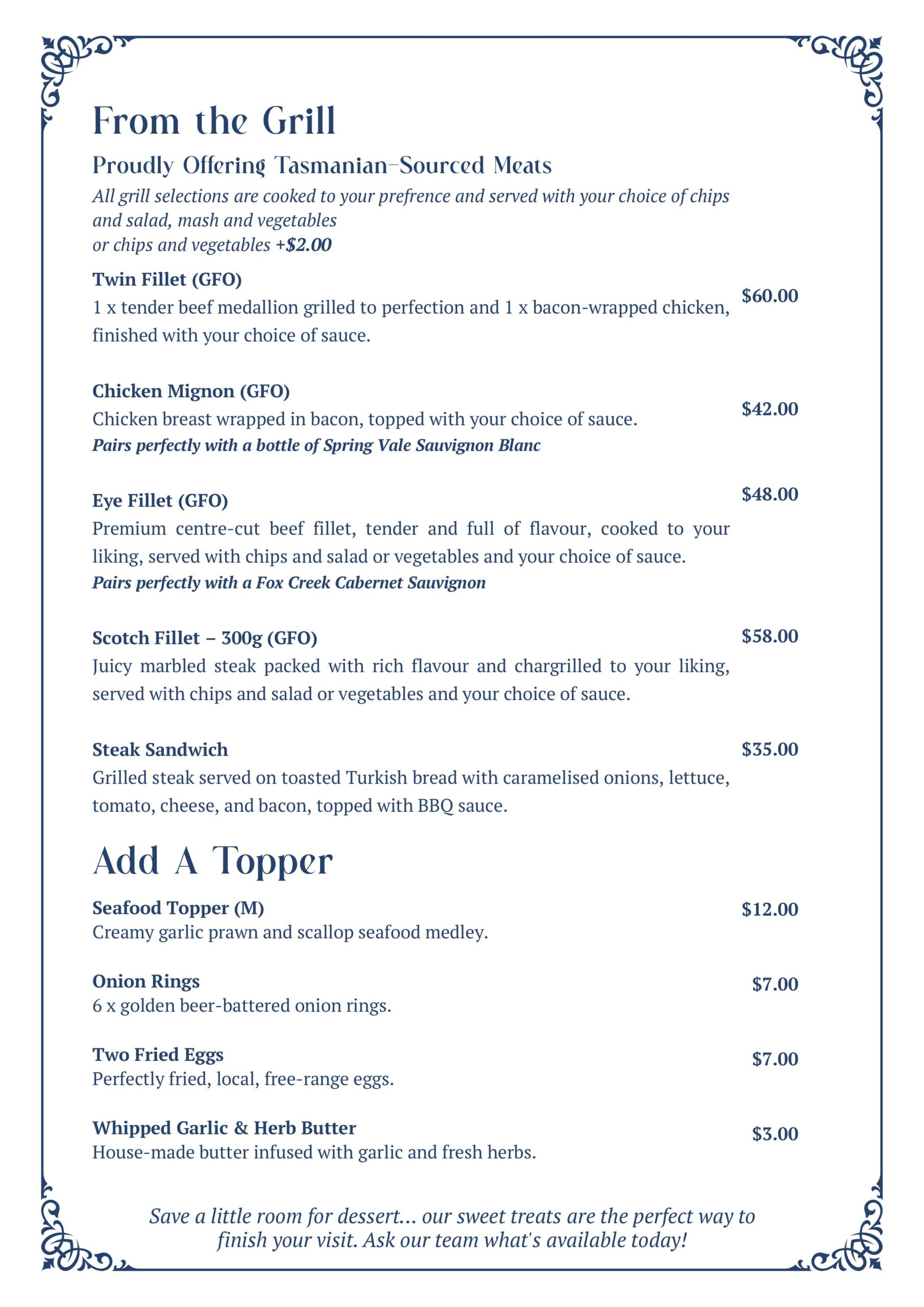 Lucas Hotel menu page showing grilled meats, sides and sauces, dark blue with gold decorative borders.