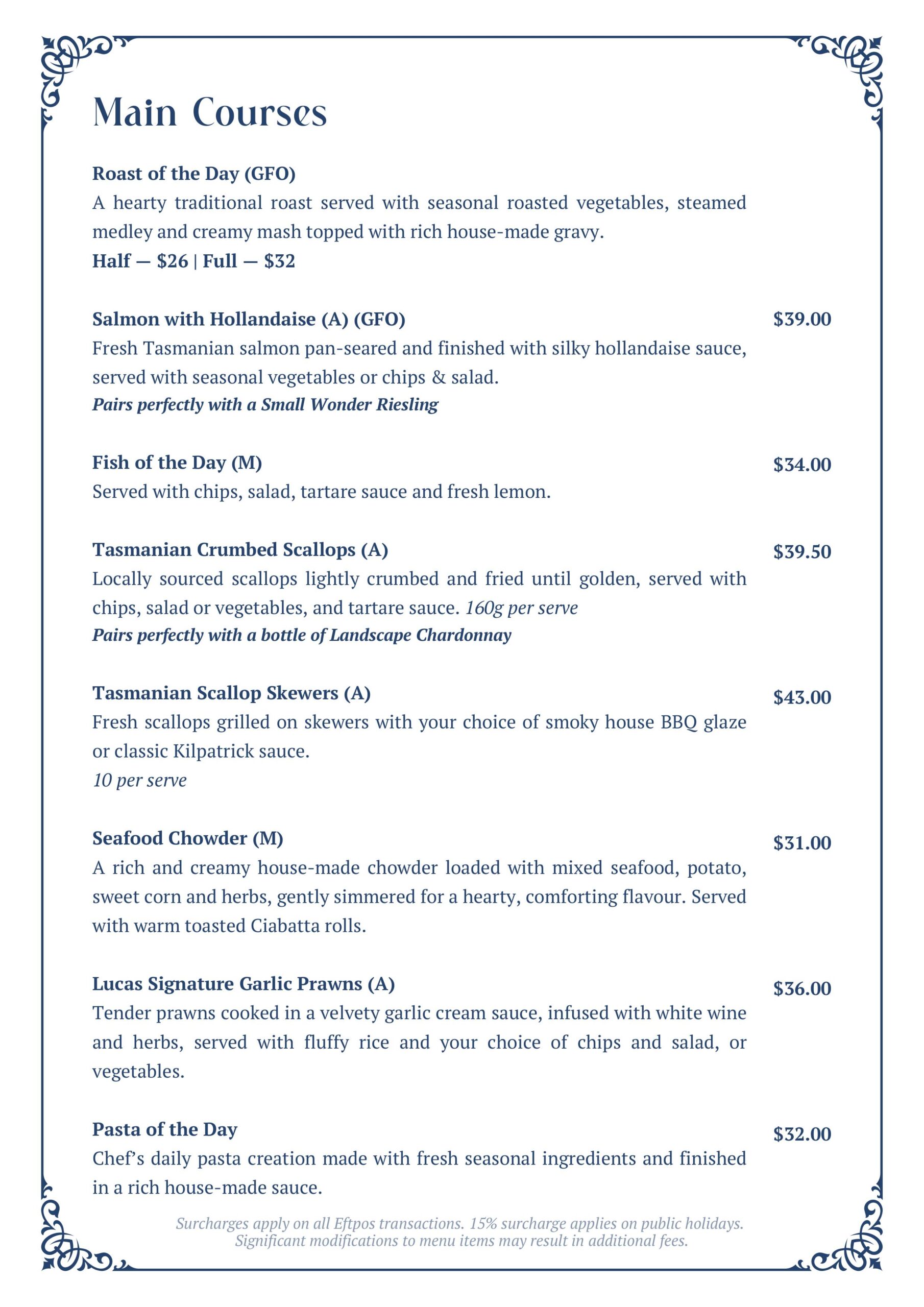 Lucas Hotel menu page showing mains, dark blue background with gold decorative borders.