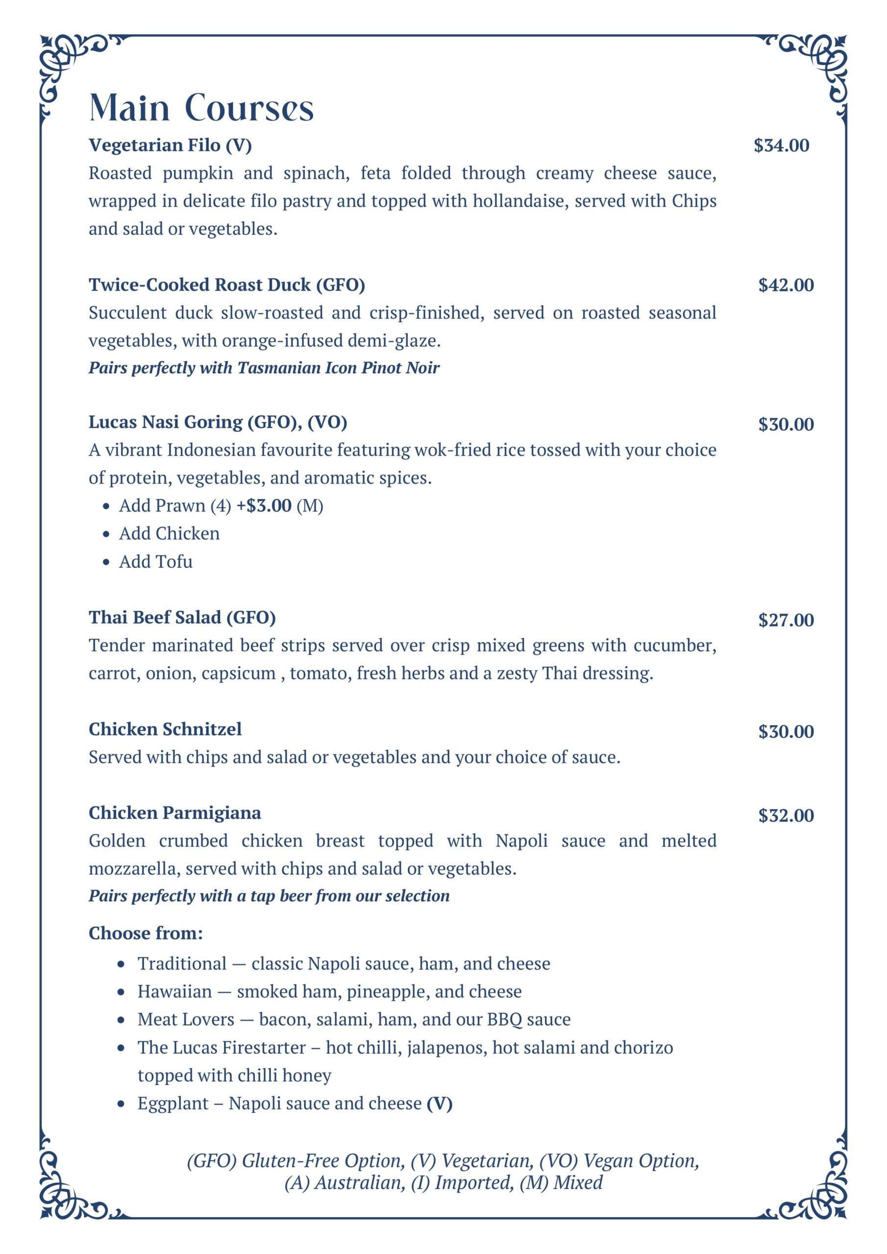 Lucas Hotel menu page showing additional mains including schnitzel and parmesan options, dark blue and gold design.